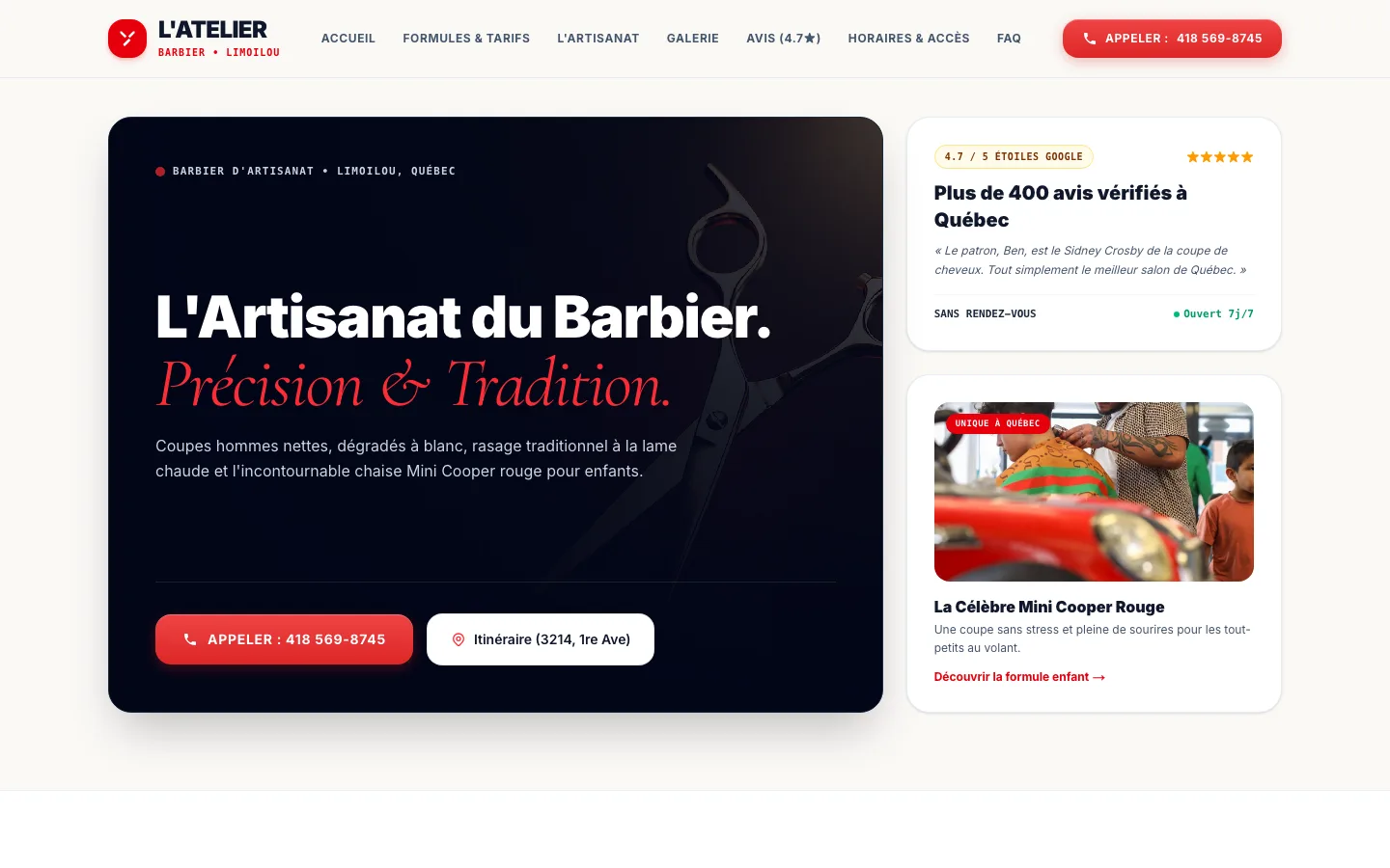 Interface web de Barbershop L'Atelier conçue par MadeLucid